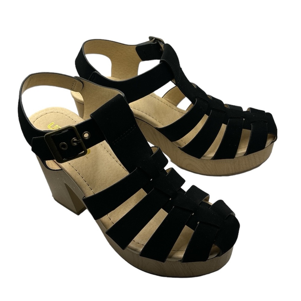 UNR8ED Women's Black Ankle Strap Sandals Strappy Chunky Wood Heel Size 5.5